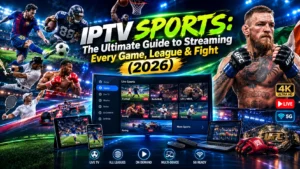 IPTV Sports guide 2026 showing live football, NFL, NBA, UFC, boxing, baseball, tennis and F1 racing streaming on multiple devices
