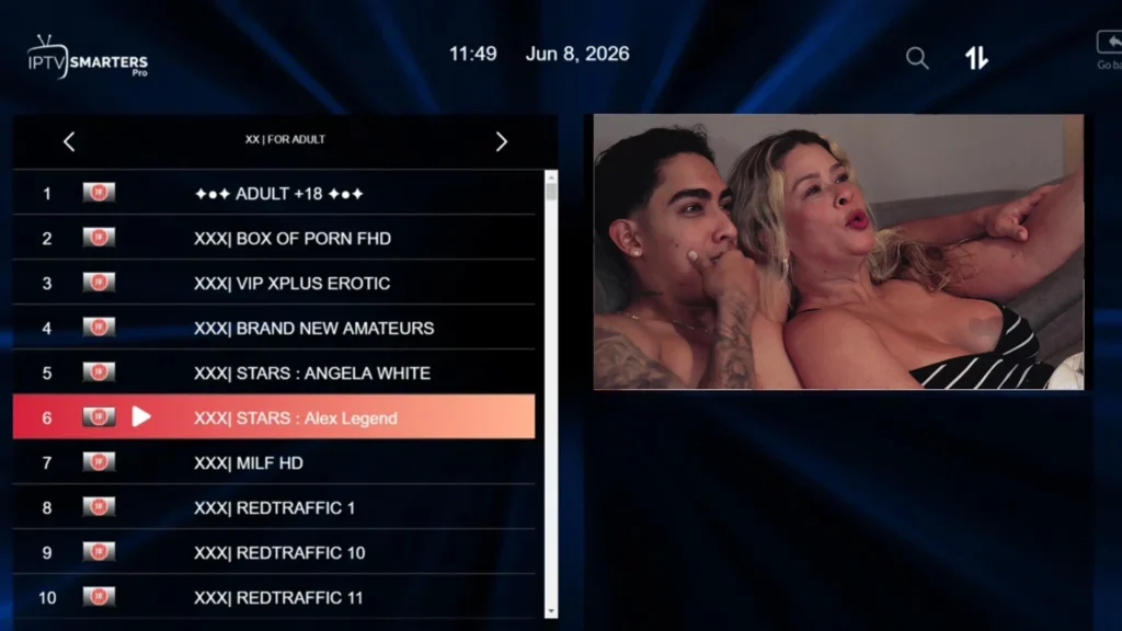 Adult IPTV interface showing 18+ live channels and premium adult content streaming on IPTV Smarters Pro