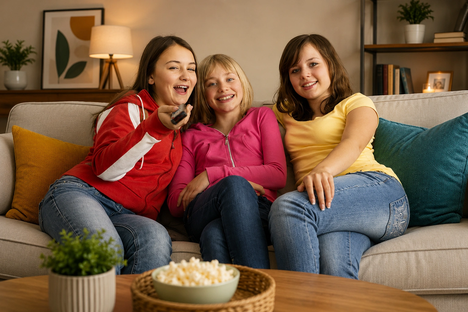 Three girls enjoying Homeplex IPTV live streaming on TV at home with popcorn