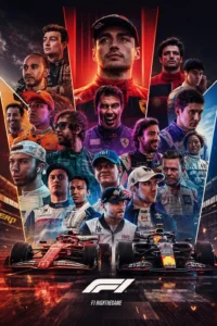 Formula 1 drivers and race cars poster - stream on HomePlex IPTV