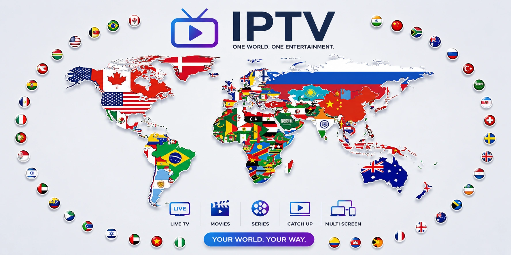 World map with country flags showing global IPTV channels available on HomePlex IPTV - Live TV, Movies, Series, Catch Up, Multi Screen