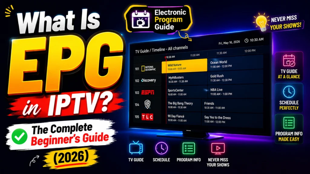 What is EPG in IPTV - Electronic Program Guide showing TV schedule with channels like National Geographic, Discovery, ESPN on a smart TV screen - Complete Beginner's Guide 2026