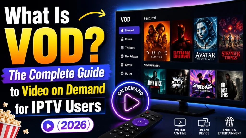 What is VOD? The complete guide to Video on Demand for IPTV users in 2026 — showing a VOD library with movies and TV shows on a Smart TV
