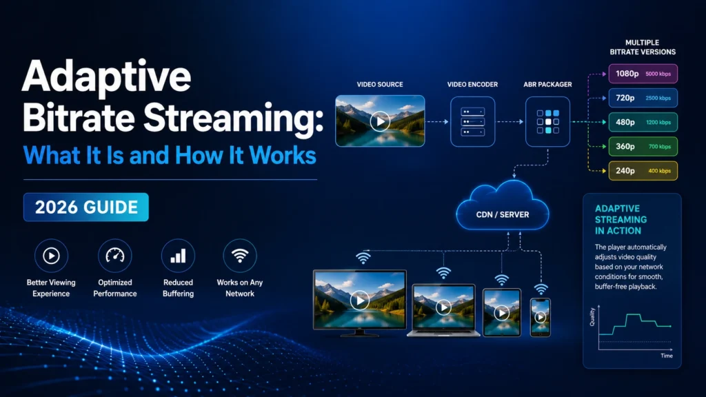 Adaptive bitrate streaming diagram showing video encoding, ABR packager, CDN delivery, and multiple bitrate versions from 1080p to 240p