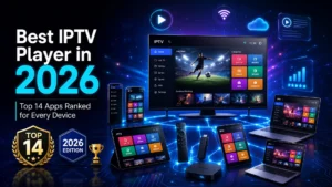 Best IPTV player apps for 2026 shown across TV, phone, tablet, and laptop screens