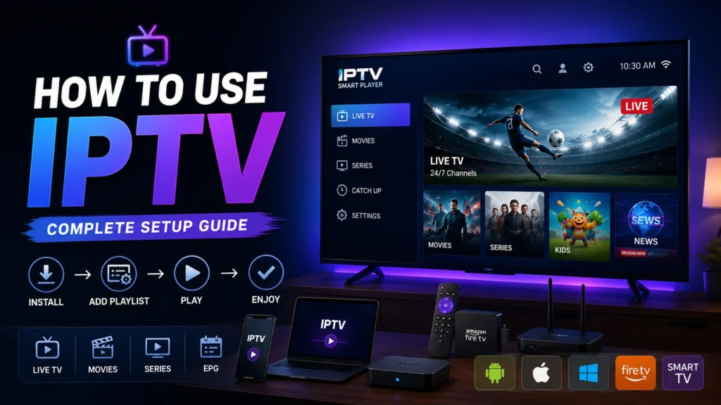 How to use IPTV setup guide showing live TV, movies, series and EPG on Smart TV, Firestick, Android and iOS devices