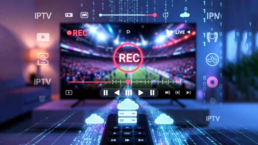 IPTV Digital Video Recorder (DVR) interface showing a live football recording in progress with pause, rewind, and playback controls