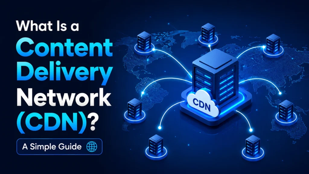 Diagram showing what a Content Delivery Network (CDN) is, with a central CDN server connected to edge servers across a world map