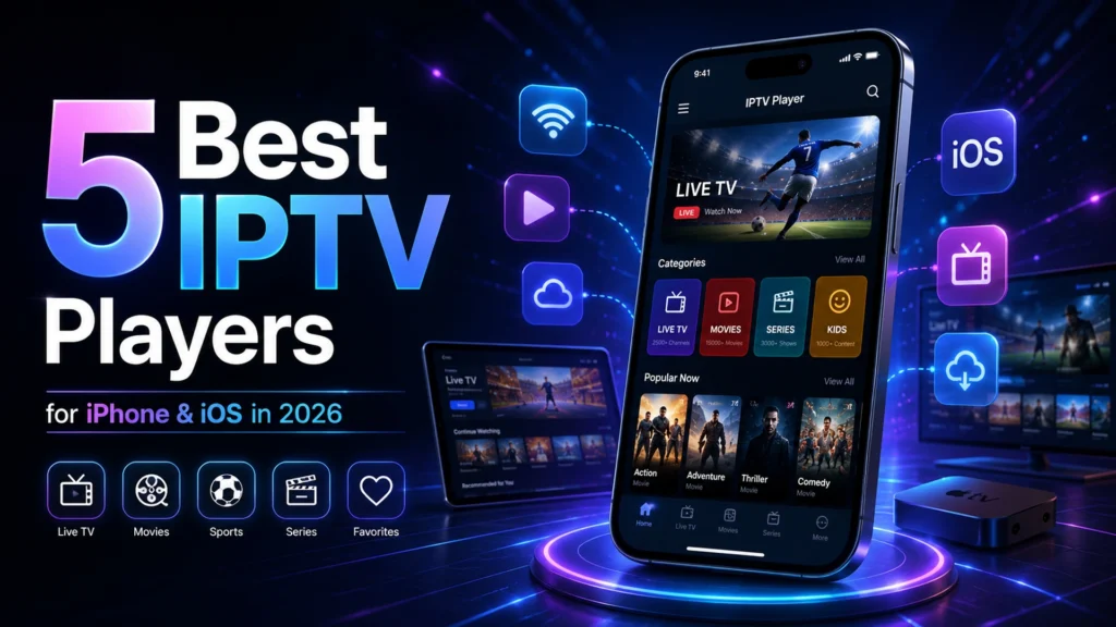 5 best IPTV players for iPhone and iOS in 2026 showing live TV, movies, and sports streaming interface