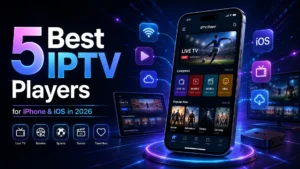 5 best IPTV players for iPhone and iOS in 2026 showing live TV, movies, and sports streaming interface