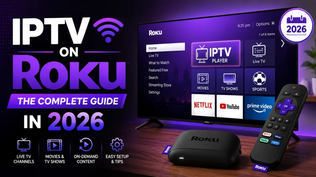 IPTV on Roku setup guide 2026 showing Roku home screen with IPTV player app, remote, and streaming device