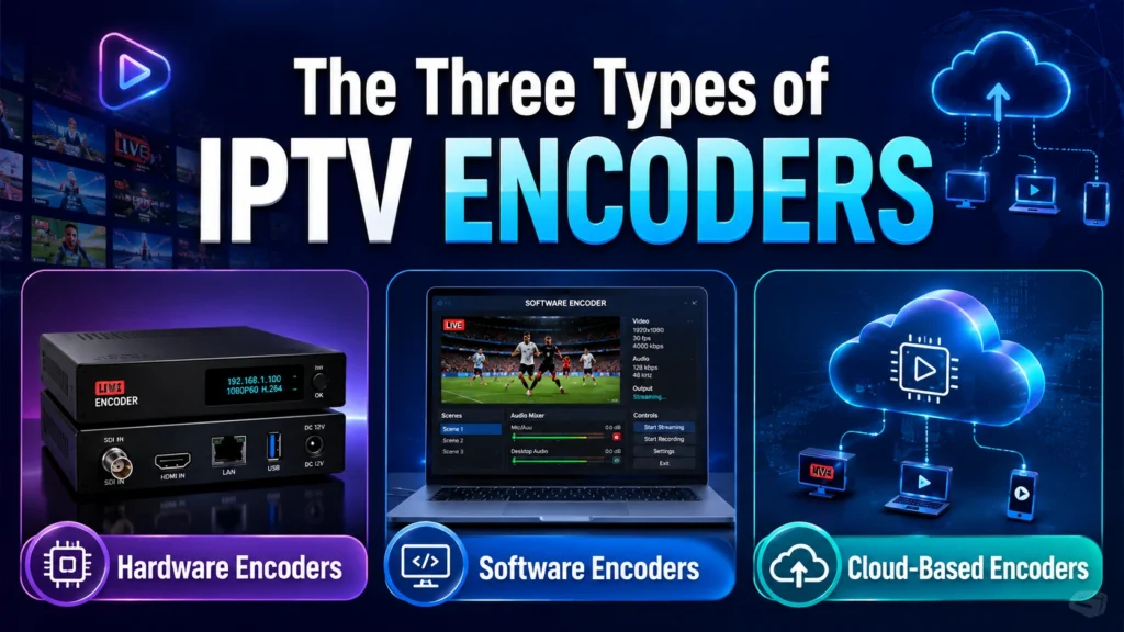 The three types of IPTV encoder — hardware encoder, software encoder, and cloud-based encoder — compared side by side