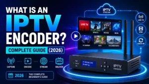 What is an IPTV encoder — diagram showing the capture, encode, stream, and deliver process for IPTV