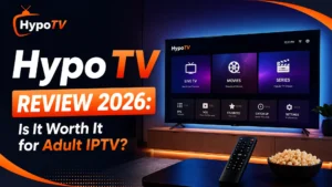 Hypo TV Review 2026 feature image showing IPTV interface on Smart TV with the title Is It Worth It for Adult IPTV