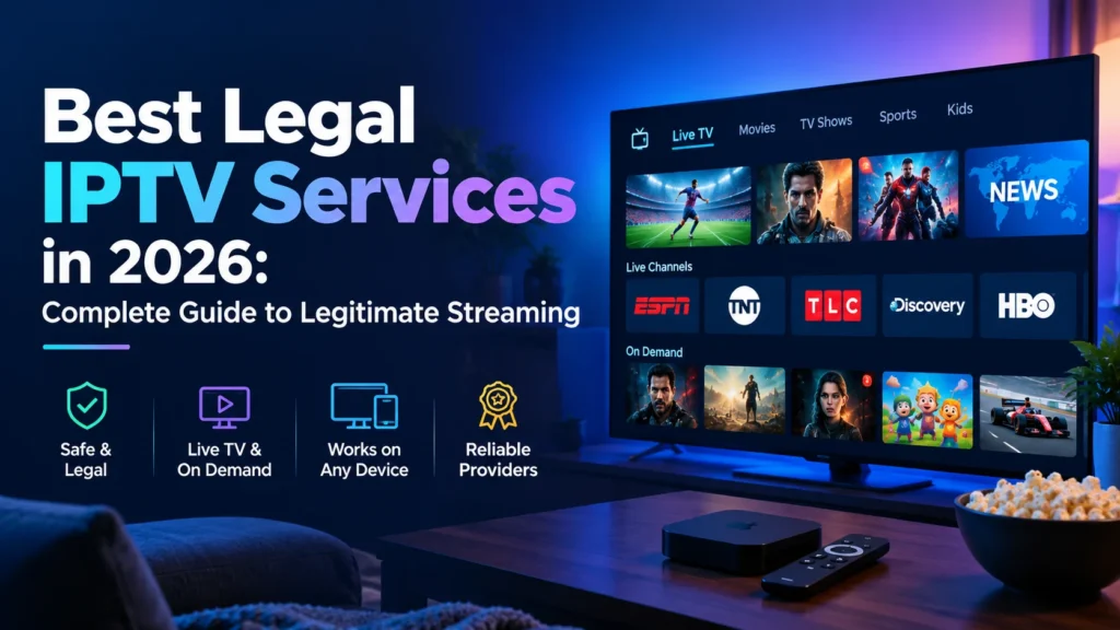 Best Legal IPTV Services in 2026 - homepage banner showing a smart TV interface with live channels like ESPN, TNT, HBO and Discovery, plus icons for safe and legal streaming, live TV and on-demand content, multi-device support, and reliable providers