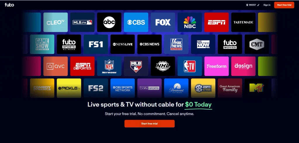 Fubo homepage grid of channel logos including ESPN, CBS, FOX, NBC, ABC, MLB.tv, and NFL Network, with a "Live sports & TV without cable for $0 Today" free trial banner
