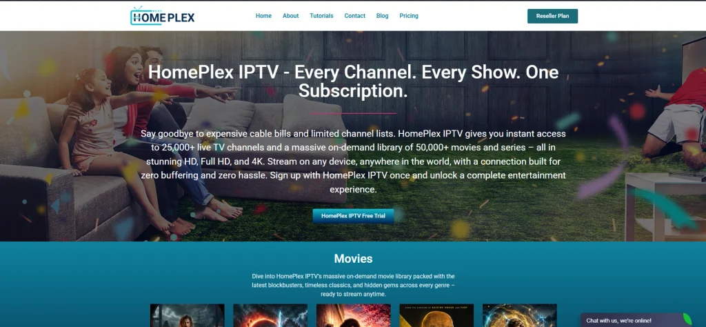 HomePlex IPTV homepage showing a family watching TV with the headline "Every Channel. Every Show. One Subscription," highlighting 25,000+ live channels and a 50,000+ movie and series library