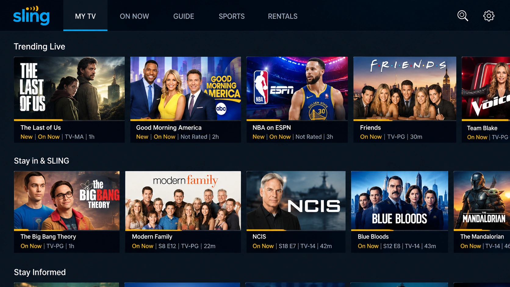 Sling TV "My TV" home screen showing Trending Live and Stay in & SLING rows, featuring The Last of Us, Good Morning America, NBA on ESPN, Friends, The Big Bang Theory, Modern Family, NCIS, Blue Bloods, and The Mandalorian