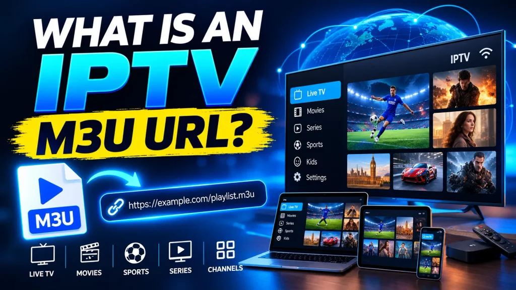 IPTV M3U URL playlist link streaming live TV, movies and series on multiple devices