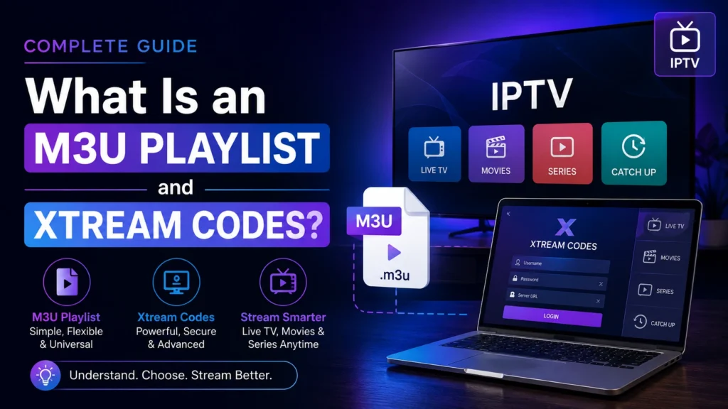 What is M3U Playlist and Xtream Codes - complete guide showing IPTV player with Live TV, Movies, Series and Xtream Codes login screen