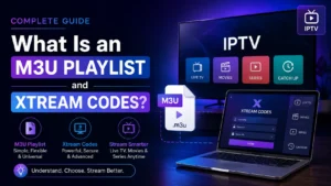 What is M3U Playlist and Xtream Codes - complete guide showing IPTV player with Live TV, Movies, Series and Xtream Codes login screen
