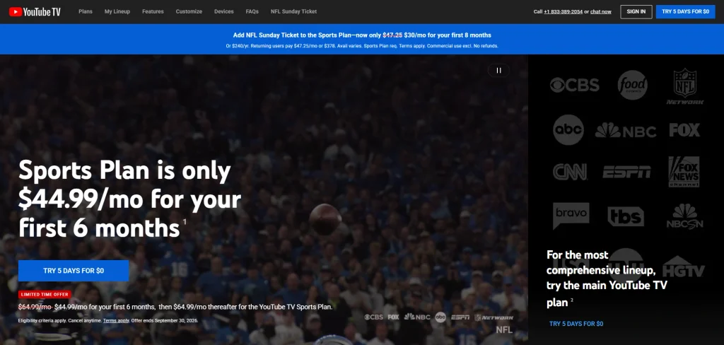 YouTube TV homepage promoting the Sports Plan at $44.99 per month for the first 6 months, with a stadium crowd background and channel logos including CBS, FOX, NBC, ABC, ESPN, and CNN