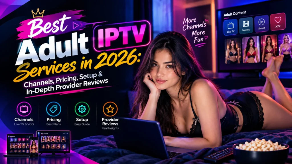 Best adult IPTV services in 2026 banner showing live channels, pricing plans, setup guide, and provider reviews on TV and laptop