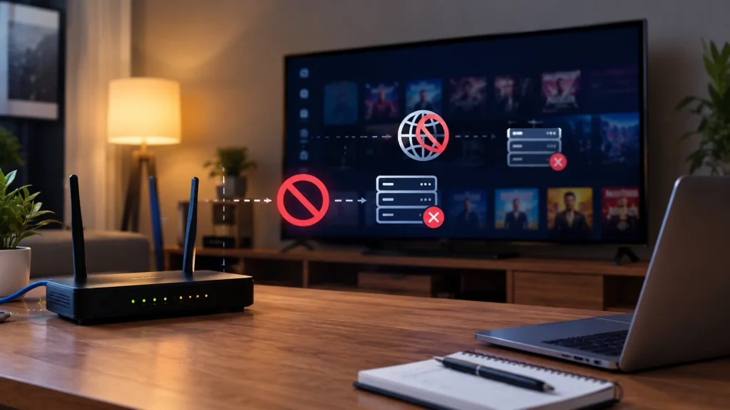 Wi-Fi router on a desk with graphic overlays showing blocked IPTV network connection and server errors on a living room TV screen