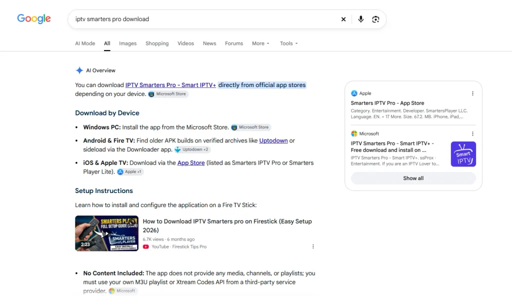A Google search results page showing an AI Overview for "iptv smarters pro download" with instructions for Windows, Android, Fire TV, and iOS.
