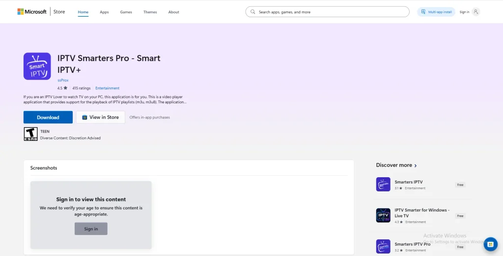 The Microsoft Store webpage for downloading IPTV Smarters Pro with app details and a rating of 4.5 stars.
