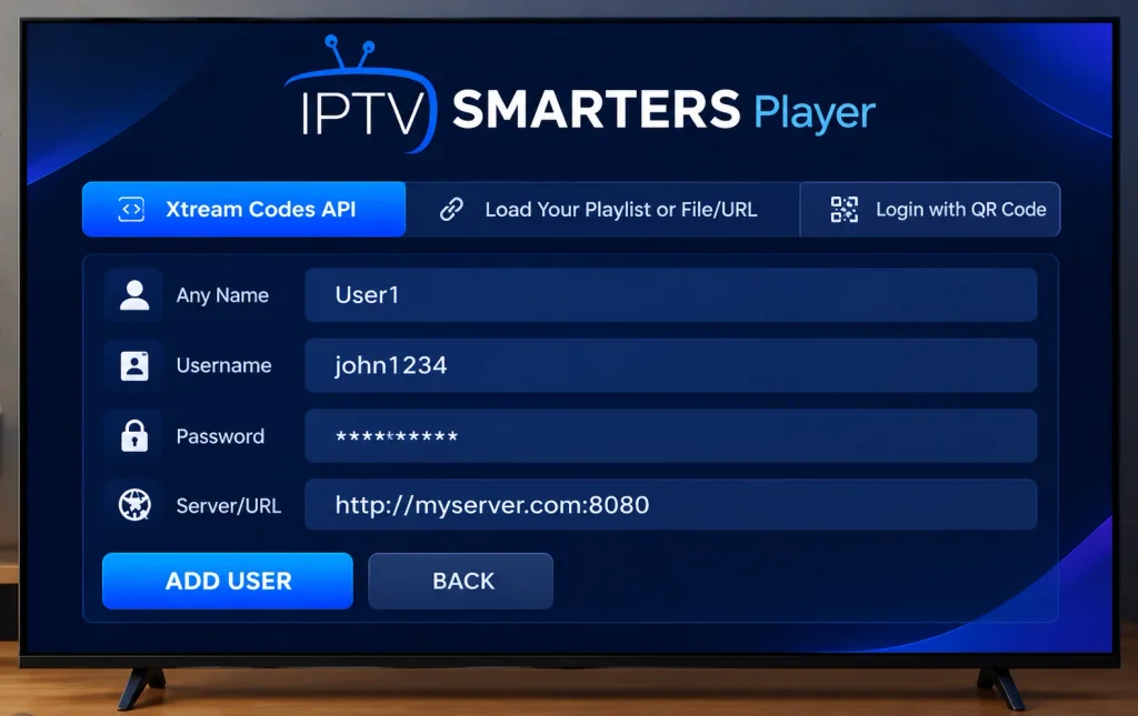 IPTV Smarters Player login screen on a smart TV showing fields for Xtream Codes API username, password, and server URL[cite: 3].