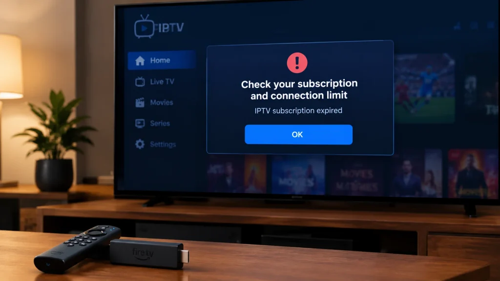 Amazon Fire TV Stick and remote on a table with a television screen displaying an IPTV subscription expired and connection limit warning message