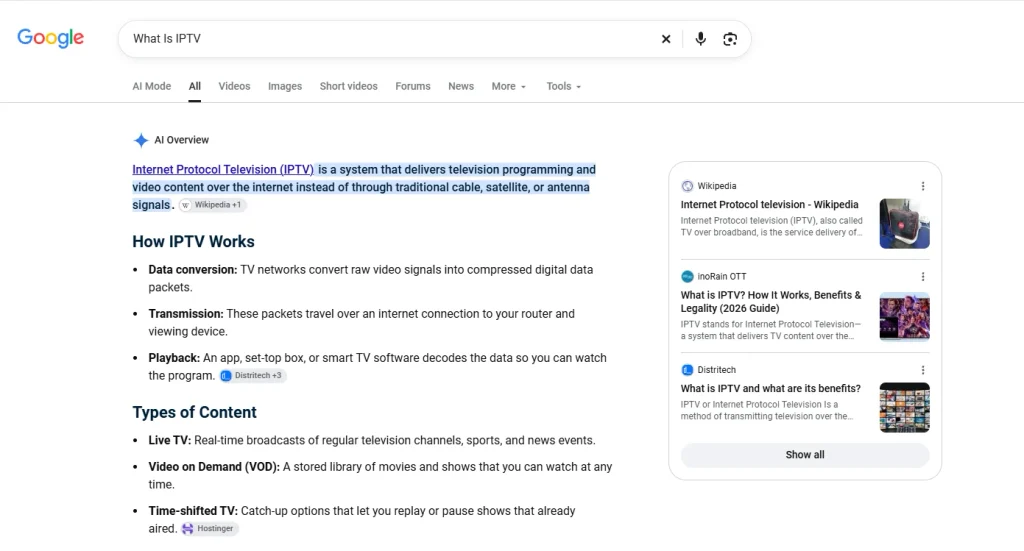 Google search results page showing an AI Overview explaining "What Is IPTV" and how it works.
